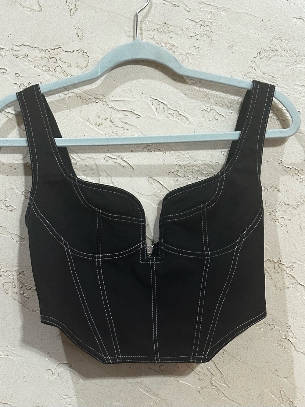 White Fox Boutique Black Bustier Top with Contrasting White Stitching size Small